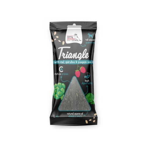 SYTA MICHA Trójkąt do żucia dorsz z jeleniem i spiruliną 2 szt SYTA MICHA Trójkąt do żucia dorsz z jeleniem i spiruliną 2 szt