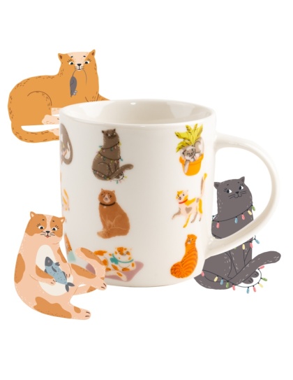 Biały kubek porcelanowy w kotki 330 ml