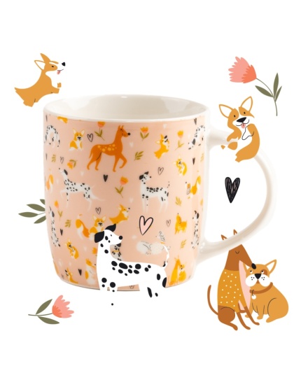 Różowy kubek porcelanowy w pieski 330 ml